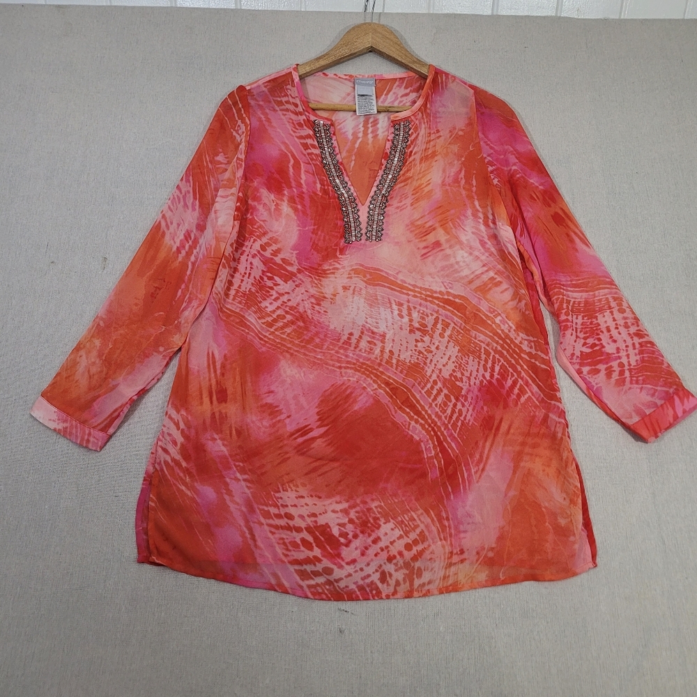 Chicos 1 Womens Size Medium Pink Beaded Tie Dye Tunic Lightweight Sheer Boho